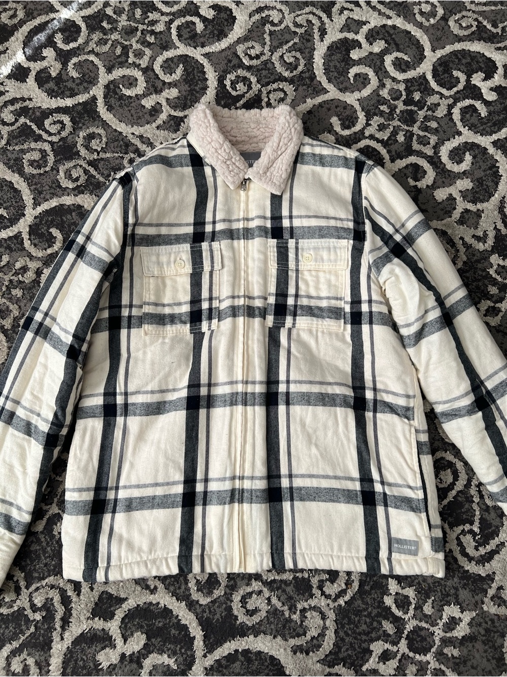 Hollister Co. black and white plaid zip-up jacket with fur collar